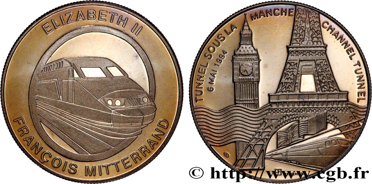 V REPUBLIC Médaille, Tunnel sous la Manche, Elisabeth II et François Mitterrand MS