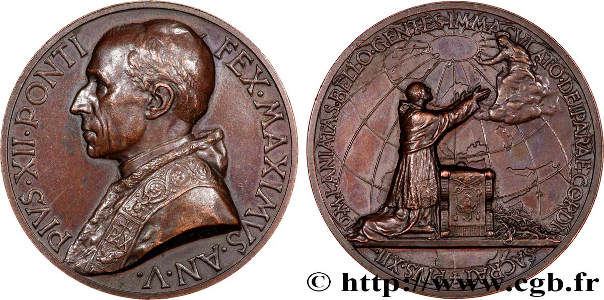 VATICAN - PIE XII (Eugenio Pacelli) Médaille, Consécration du peuple en guerre au Sacré-Coeur Immaculé de la Sainte Vierge AU