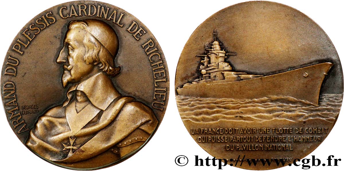 CINQUIÈME RÉPUBLIQUE Médaille, Le cuirassé Richelieu, refrappe TTB+