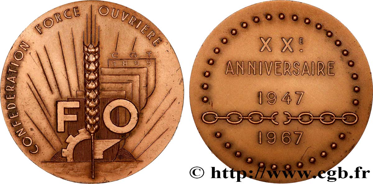 CINQUIÈME RÉPUBLIQUE Médaille, Confédération Force ouvrière, XXe anniversaire TTB+