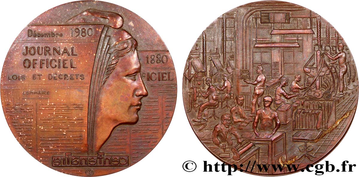 CINQUIÈME RÉPUBLIQUE Médaille, Centenaire du journal officiel TTB+