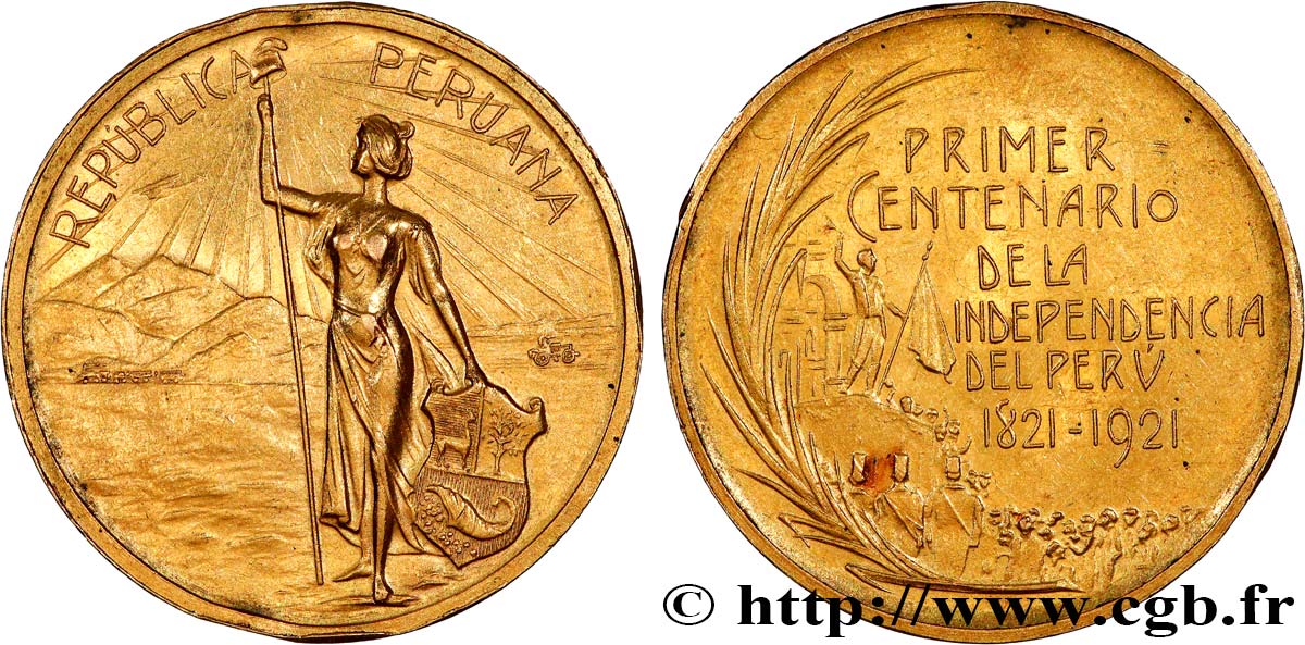 PÉROU - RÉPUBLIQUE Médaille, Centenaire de l’indépendance du Pérou TTB+