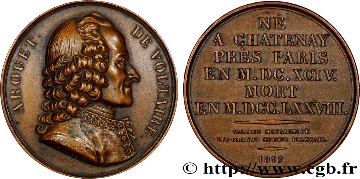 METALLIC GALLERY OF THE GREAT MEN FRENCH Médaille, François-Marie Arouet dit Voltaire, refrappe AU