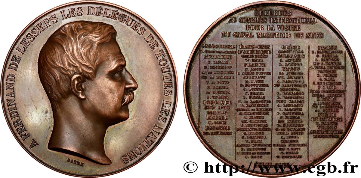 ÄGYPTEN - SUESKANAL Médaille, Ferdinand de Lesseps, Délégués aux congrès international pour la visite du canal maritime de Suez fVZ
