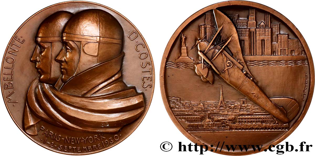 AÉRONAUTIQUE - AVIATION : AVIATEURS & AVIONS Médaille, Traversée de l’Atlantique Nord, Dieudonné Costes et Maurice Bellonte SUP