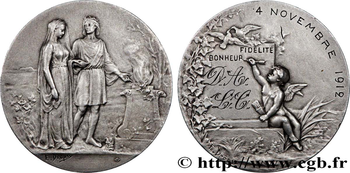 AMOUR ET MARIAGE Médaille de mariage, Fidélité et Bonheur TTB+