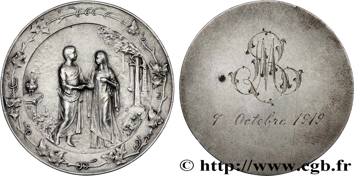 RARE MEDAILLE DE MARIAGE RONDE EN ARGENT MASSIF 19 EME