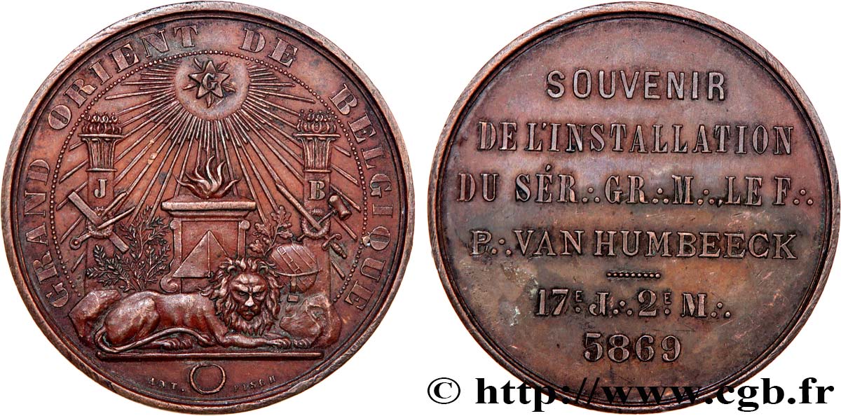 FRANC-MAÇONNERIE - PARIS Médaille, Souvenir de l’installation du sérénissime Grand Maître Pierre van Humbeeck SPL