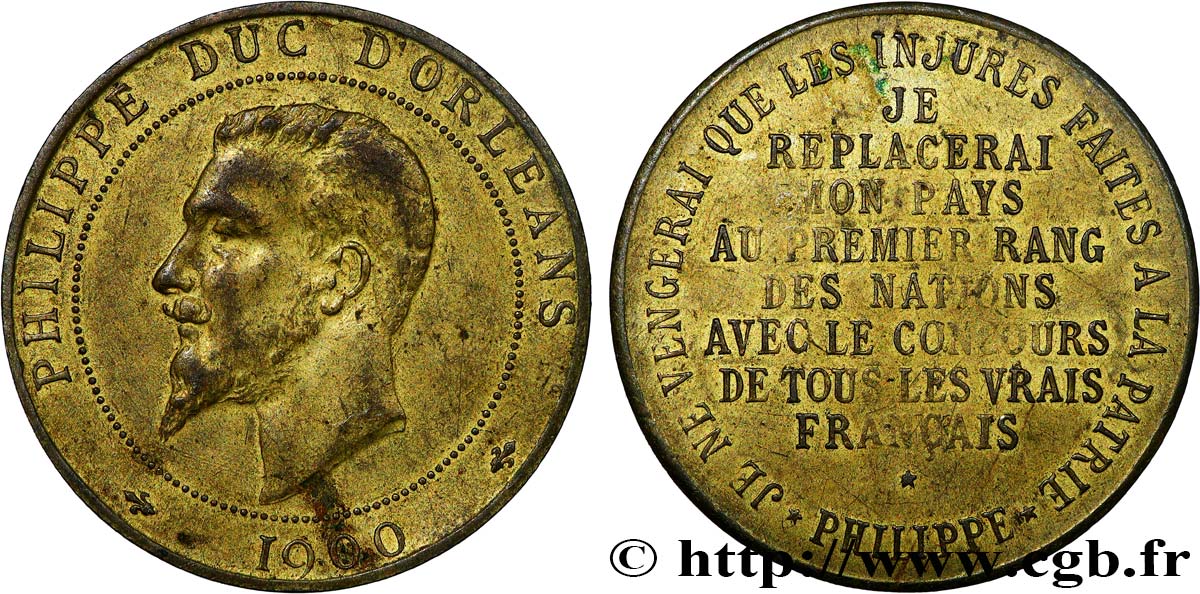 TROISIÈME RÉPUBLIQUE PHILIPPE DUC D’ORLÉANS, frappe médaille module de 10 centimes TTB