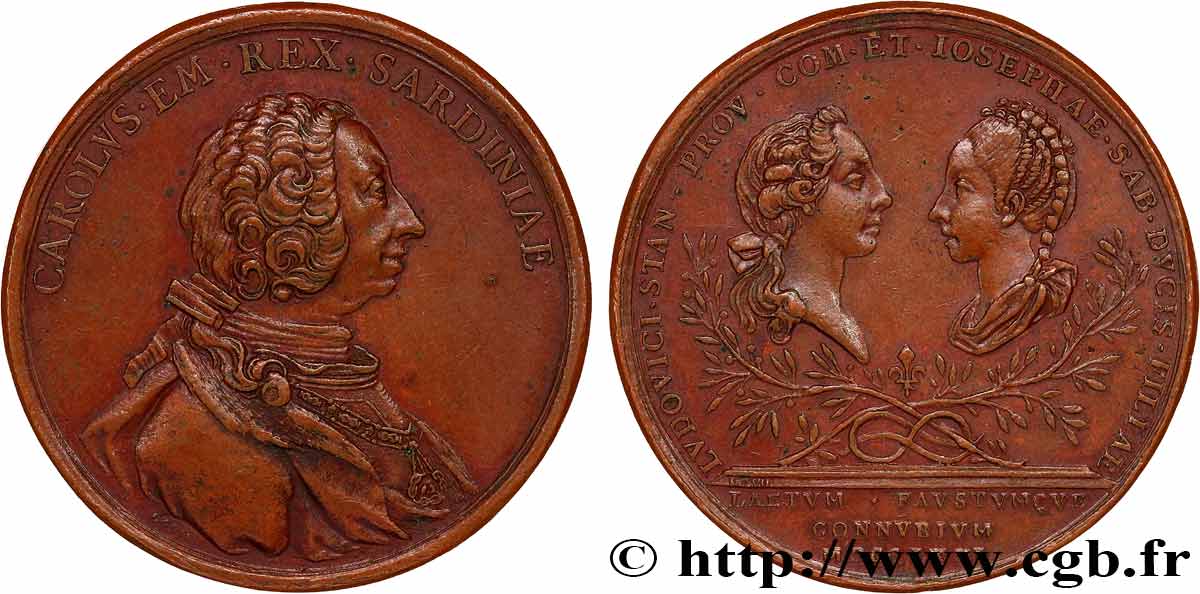 ITALY - KINGDOM OF SARDINIA - CHARLES EMMANUEL III Médaille, Mariage de Louise fille du Roi de Sardaigne et de Louis Stanislas Xavier Comte de Provence AU
