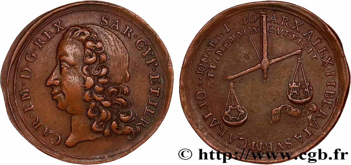 ITALIE - ROYAUME DE SARDAIGNE - CHARLES-EMMANUEL III Médaille, Levée du Siège d’Alexandrie TTB+/TTB