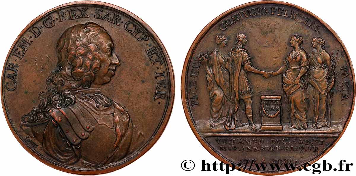 ITALIA - REGNO DE CERDEÑA - CARLOS MANUEL III Médaille, Mariage de Charles Emmanuel III de Sardaigne et Marie-Antoinette d’Espagne MBC