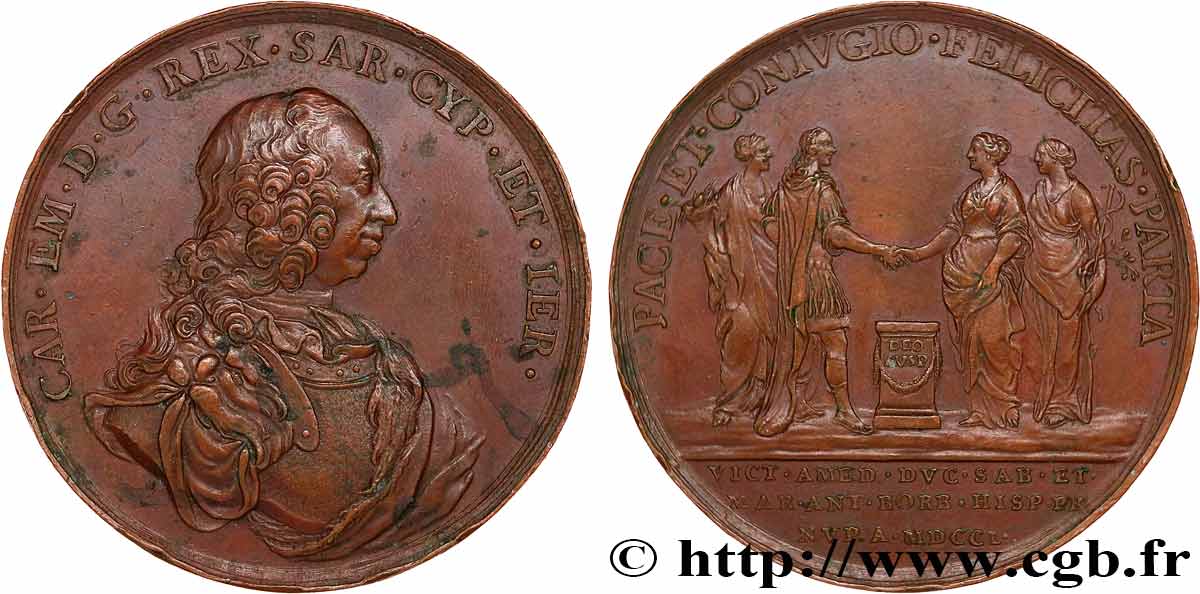 ITALIE - ROYAUME DE SARDAIGNE - CHARLES-EMMANUEL III Médaille, Mariage de Charles Emmanuel III de Sardaigne et Marie-Antoinette d’Espagne TTB