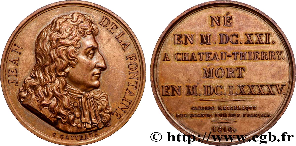 METALLIC GALLERY OF THE GREAT MEN FRENCH Médaille, Jean de la Fontaine, refrappe AU