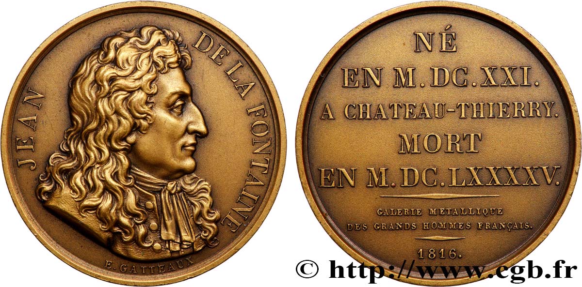 METALLIC GALLERY OF THE GREAT MEN FRENCH Médaille, Jean de la Fontaine, refrappe AU