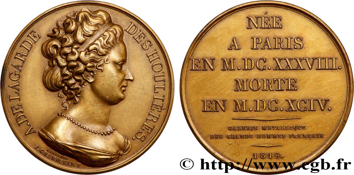 METALLIC GALLERY OF THE GREAT MEN FRENCH Médaille, Madame Deshoulières, refrappe AU