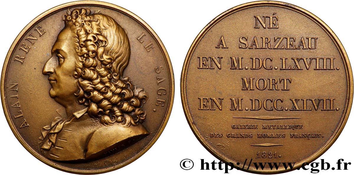METALLIC GALLERY OF THE GREAT MEN FRENCH Médaille, Alain René le Sage, refrappe AU