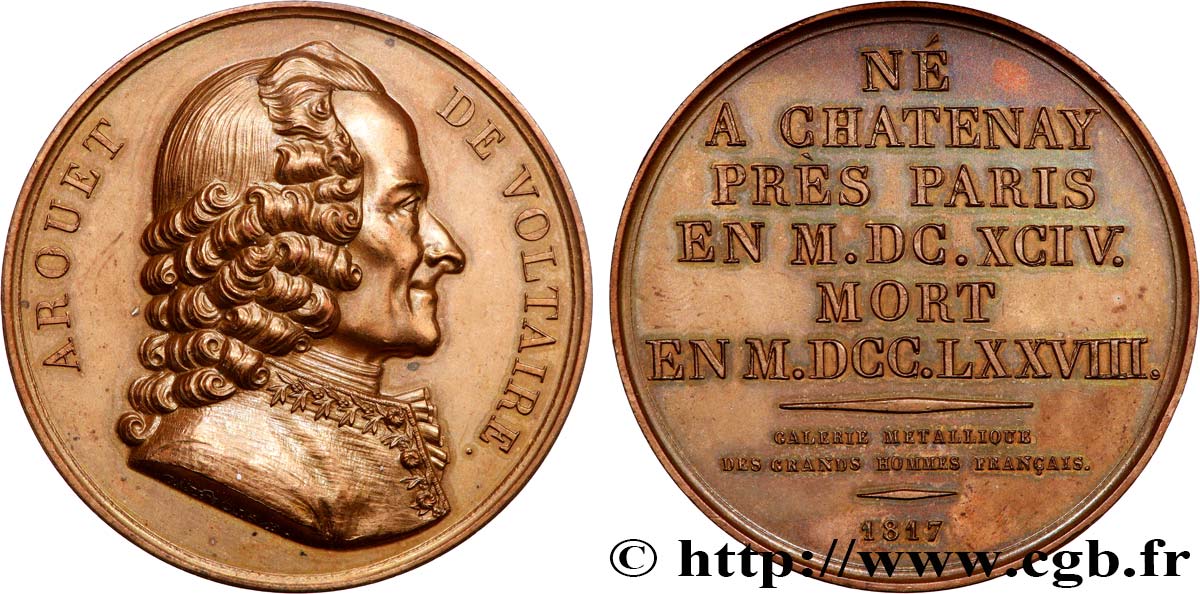 GALERIE MÉTALLIQUE DES GRANDS HOMMES FRANÇAIS Médaille, François-Marie Arouet dit Voltaire, refrappe MBC+