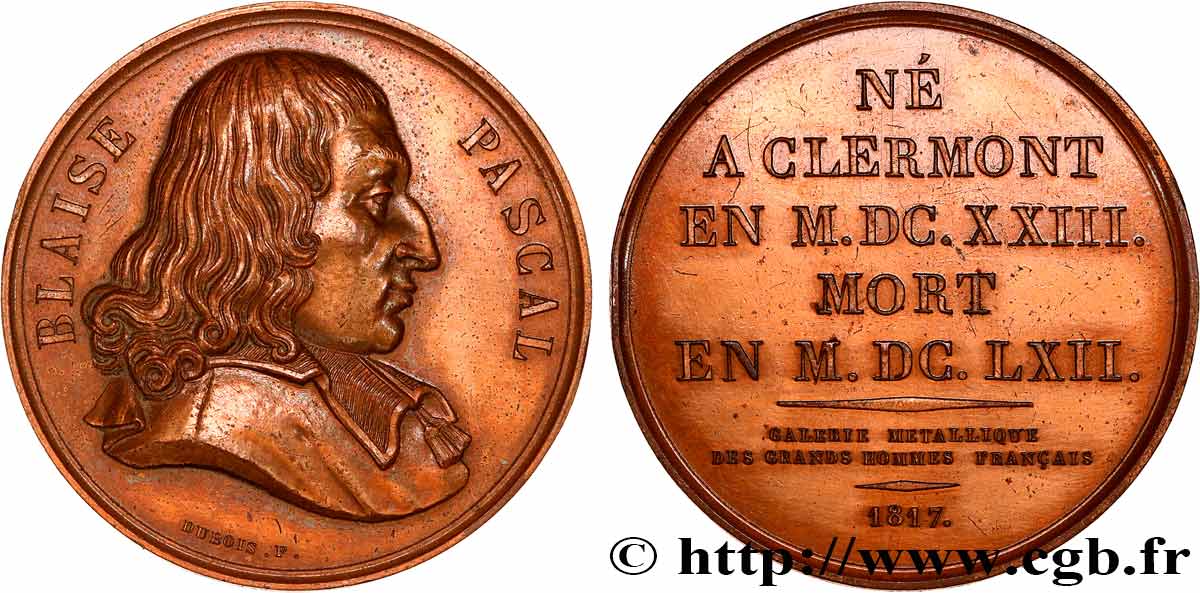 METALLIC GALLERY OF THE GREAT MEN FRENCH Médaille, Blaise Pascal, refrappe AU