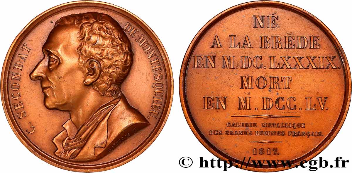 GALERIE MÉTALLIQUE DES GRANDS HOMMES FRANÇAIS Médaille, Montesquieu, Charles Louis de Secondat, refrappe SUP