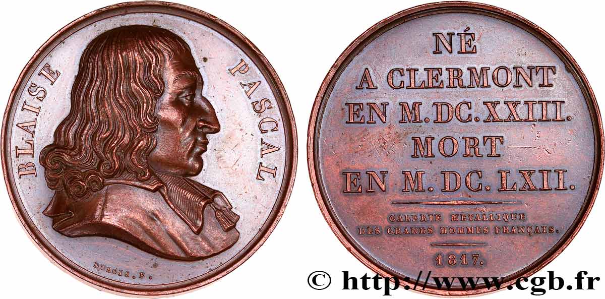METALLIC GALLERY OF THE GREAT MEN FRENCH Médaille, Blaise Pascal XF
