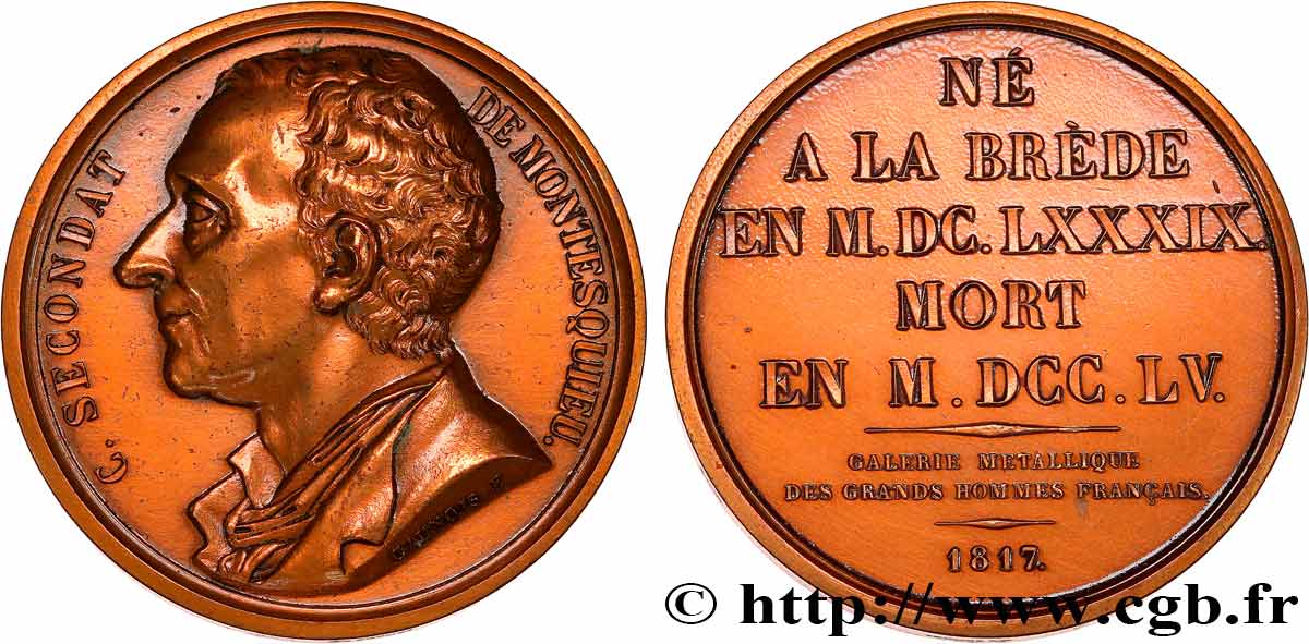 METALLIC GALLERY OF THE GREAT MEN FRENCH Médaille, Montesquieu, Charles Louis de Secondat, refrappe AU/AU