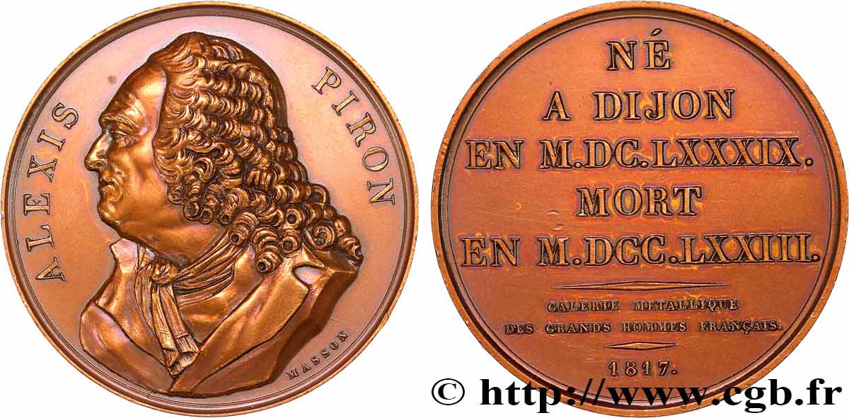 METALLIC GALLERY OF THE GREAT MEN FRENCH Médaille, Alexis Piron, refrappe AU