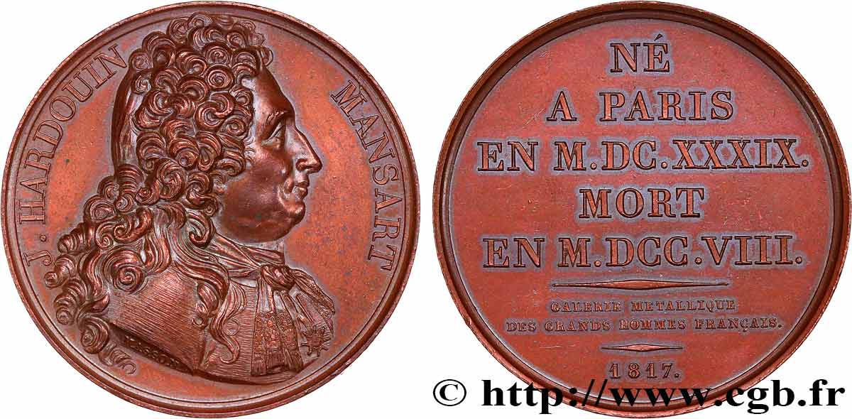 METALLIC GALLERY OF THE GREAT MEN FRENCH Médaille, Jules Hardouin-Mansart AU