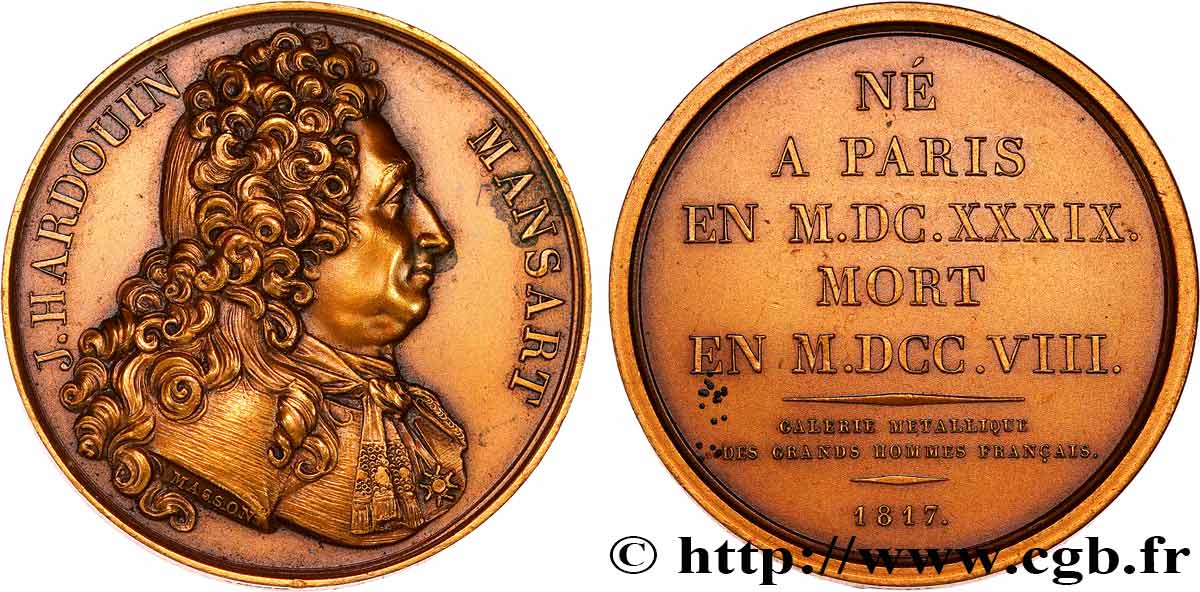 METALLIC GALLERY OF THE GREAT MEN FRENCH Médaille, Jules Hardouin-Mansart, refrappe AU