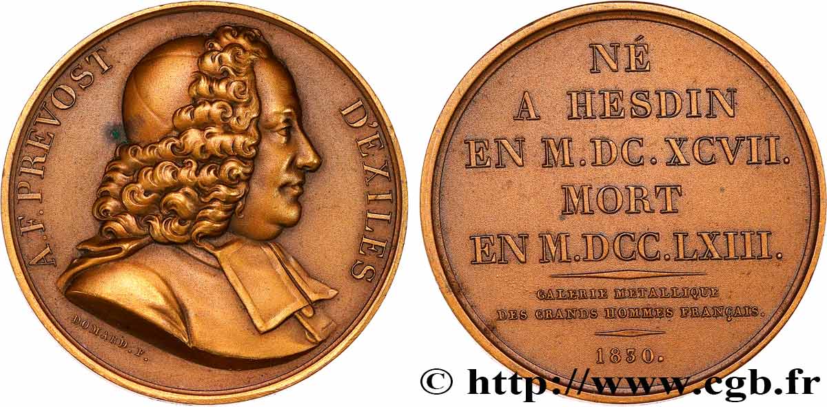 METALLIC GALLERY OF THE GREAT MEN FRENCH Médaille, Antoine François Prévost d Exiles, refrappe AU