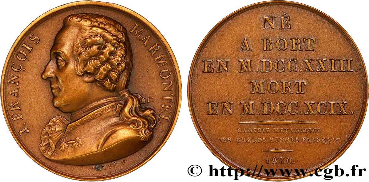 METALLIC GALLERY OF THE GREAT MEN FRENCH Médaille, Jean-François Marmontel, refrappe AU