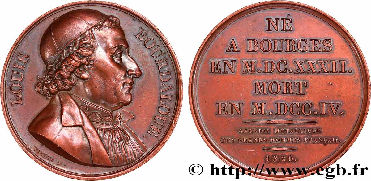 METALLIC GALLERY OF THE GREAT MEN FRENCH Médaille, Louis Bourdaloue AU