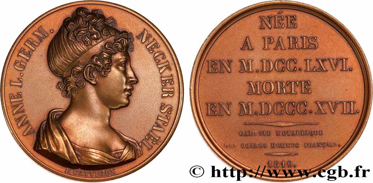 METALLIC GALLERY OF THE GREAT MEN FRENCH Médaille, Anne-Louise-Germaine Necker, baronne de Staël-Holstein, refrappe AU
