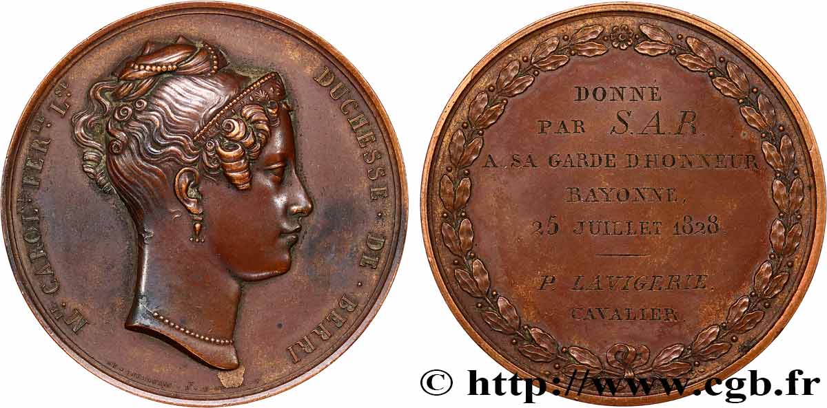 CHARLES X Médaille, Marie Caroline, Duchesse de Berry, donnée à sa garde d’honneur TTB+