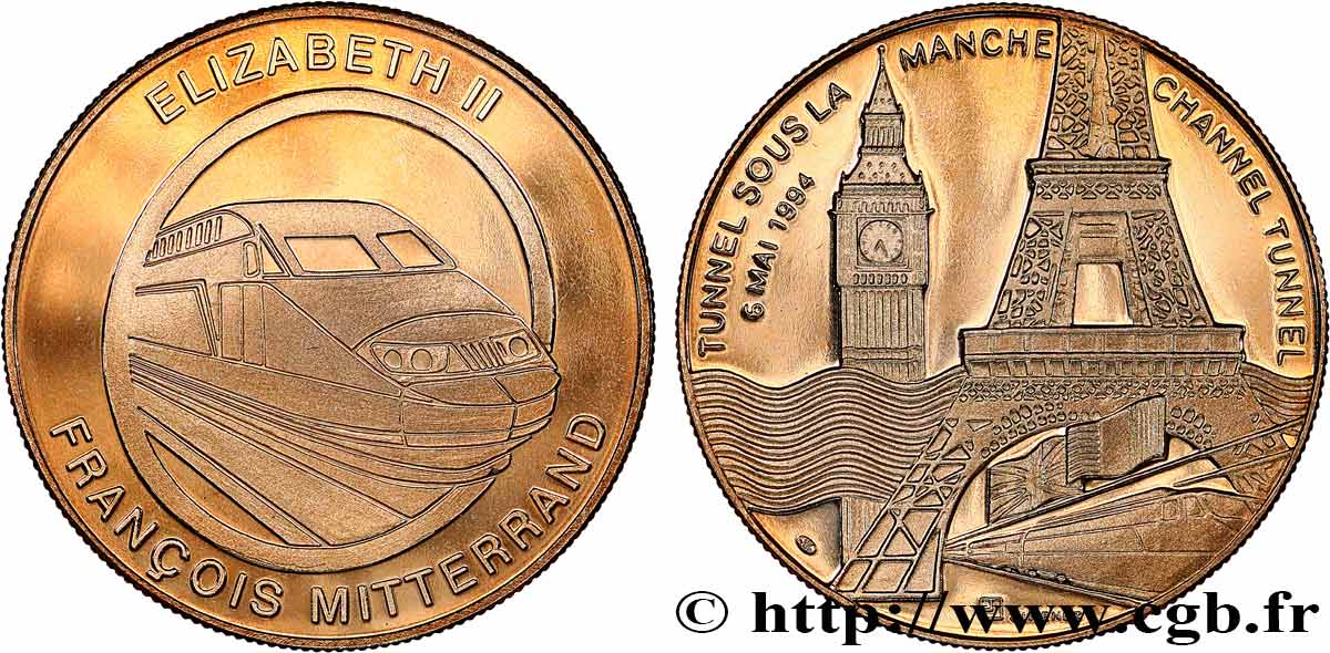 FUNFTE FRANZOSISCHE REPUBLIK Médaille, Tunnel sous la Manche, Elisabeth II et François Mitterrand fST