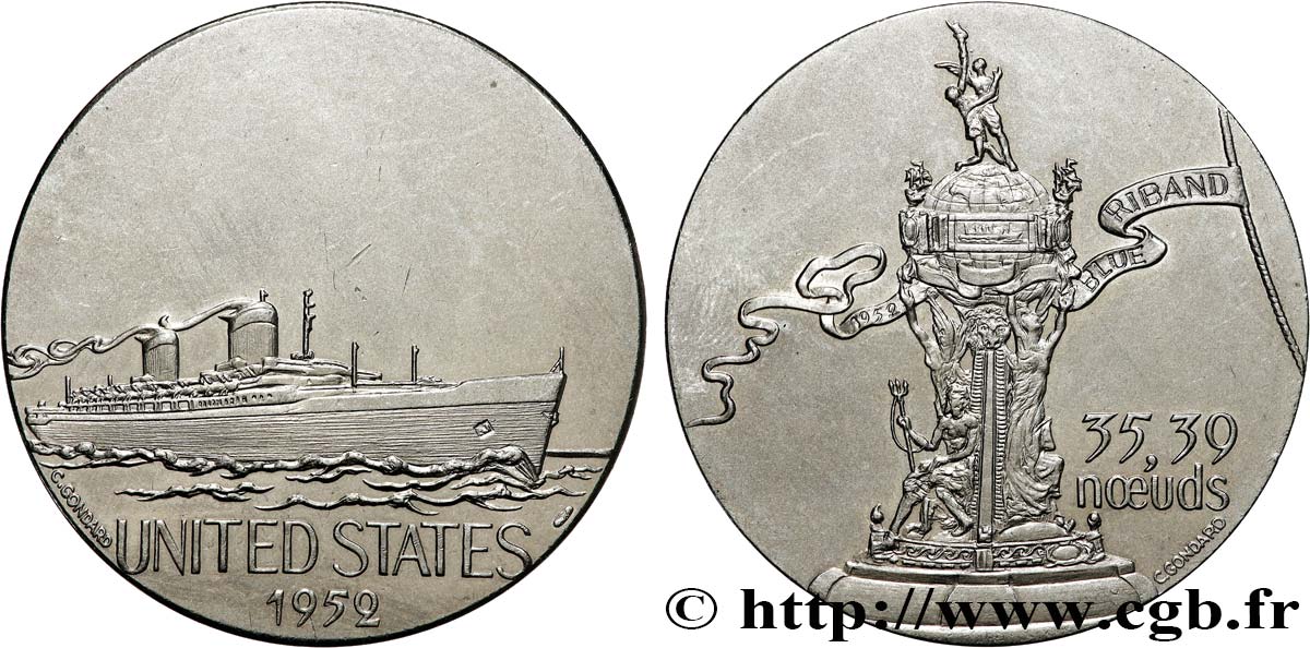 QUINTA REPUBBLICA FRANCESE Médaille, Paquebot United States BB