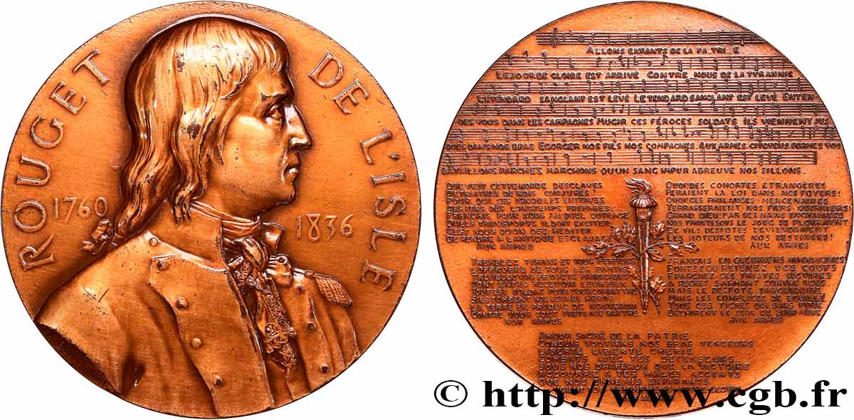 LITTÉRATURE : ÉCRIVAINS/ÉCRIVAINES - POÈTES Médaille, Rouget de l’Isle, auteur de la Marseillaise TTB+