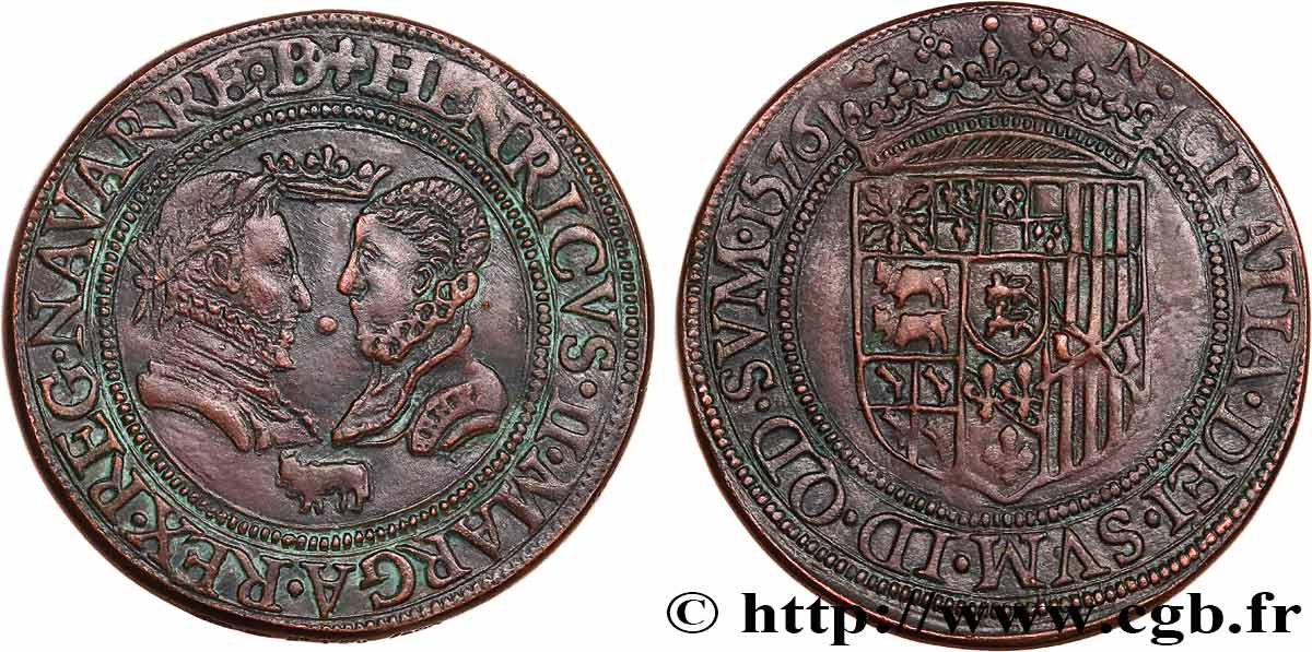 NAVARRE-BÉARN - HENRI III DE NAVARRE, II DE BÉARN ET MARGUERITE DE VALOIS Médaille, reproduction du Teston AU