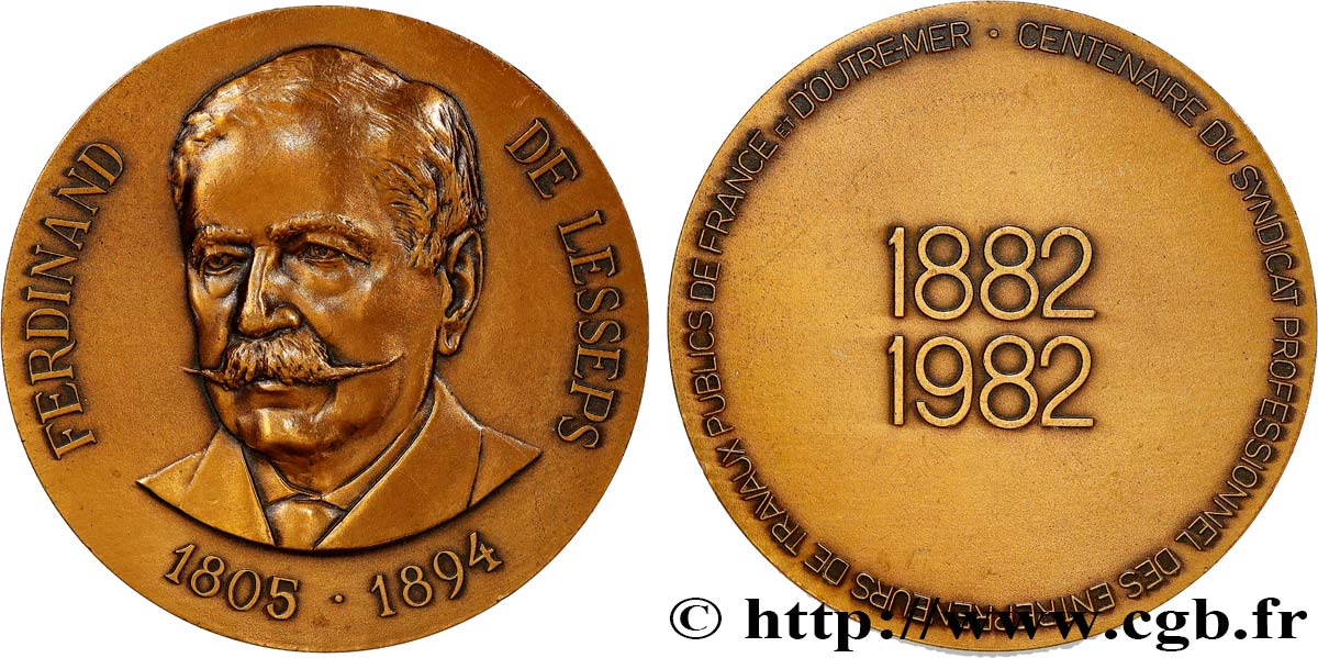 V REPUBLIC Médaille, Ferdinand de Lesseps, Centenaire du syndicat professionnel des entrepreneurs de travaux publics de France XF