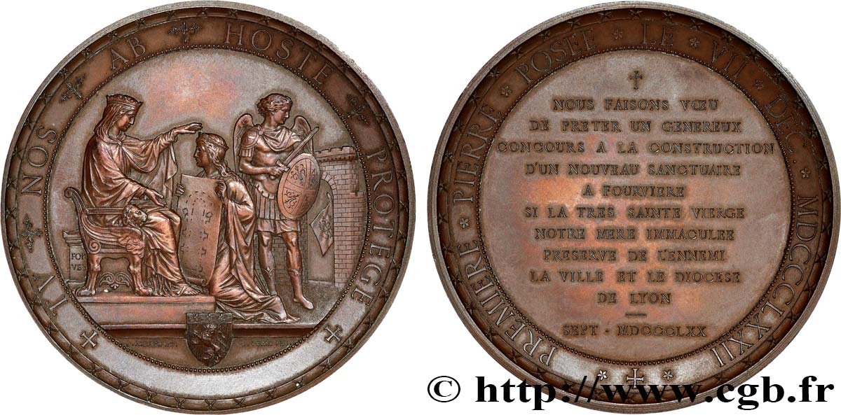 TROISIÈME RÉPUBLIQUE Médaille, Pose de la première pierre de la basilique Notre-Dame de Fourvière à Lyon TTB+