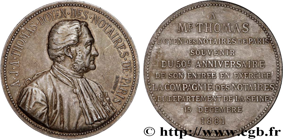 NOTAIRES DU XIXe SIECLE Médaille, Maître Thomas, doyen des Notaires de Paris  BB