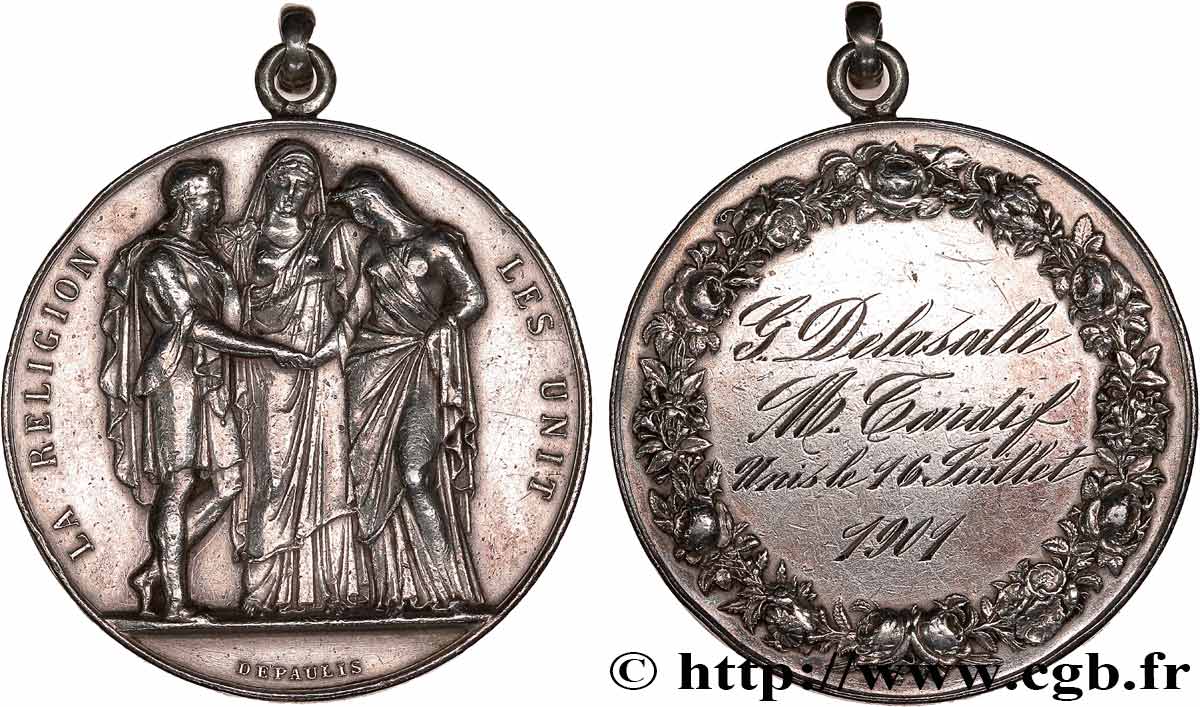 AMOUR ET MARIAGE Médaille de mariage, La Religion les unit, transformée en pendentif TTB