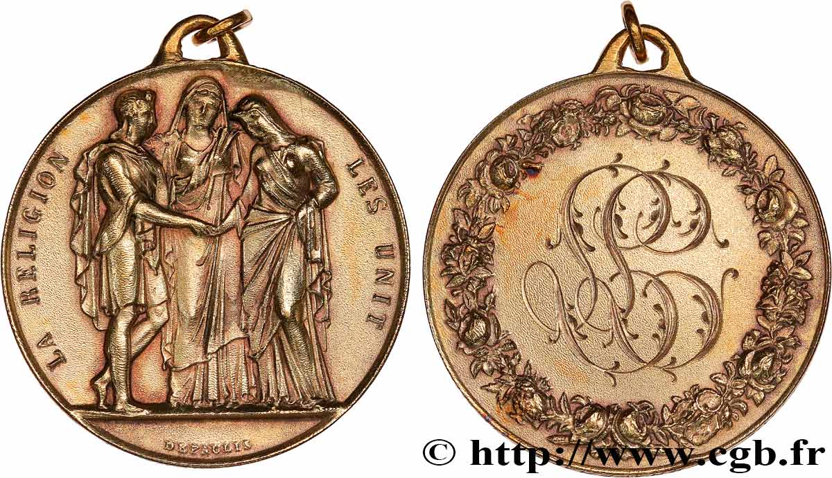 AMOUR ET MARIAGE Médaille de mariage, La Religion les unit, transformée en pendentif TTB