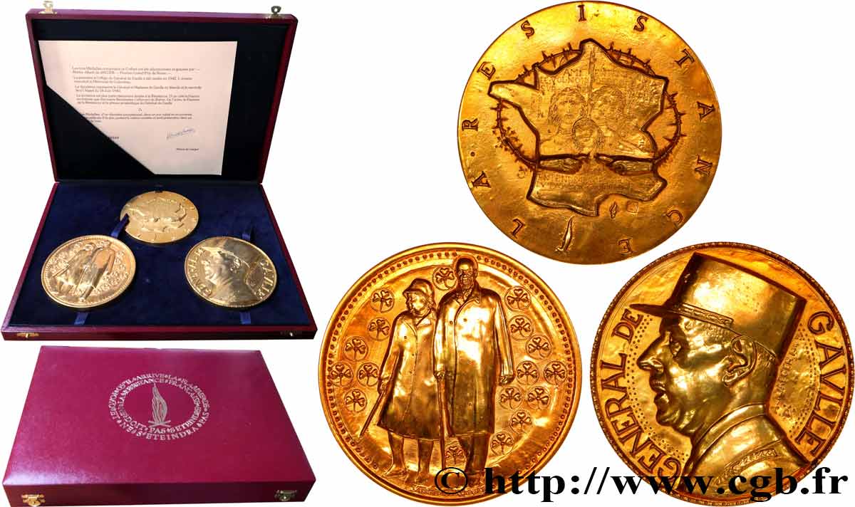 V REPUBLIC Coffret de 3 médailles, Charles de Gaulle par Albert de Jaeger AU
