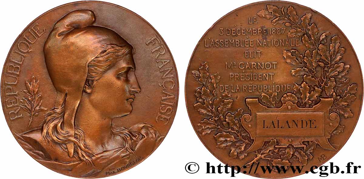 TROISIÈME RÉPUBLIQUE Médaille, Élection de Sadi Carnot TTB+