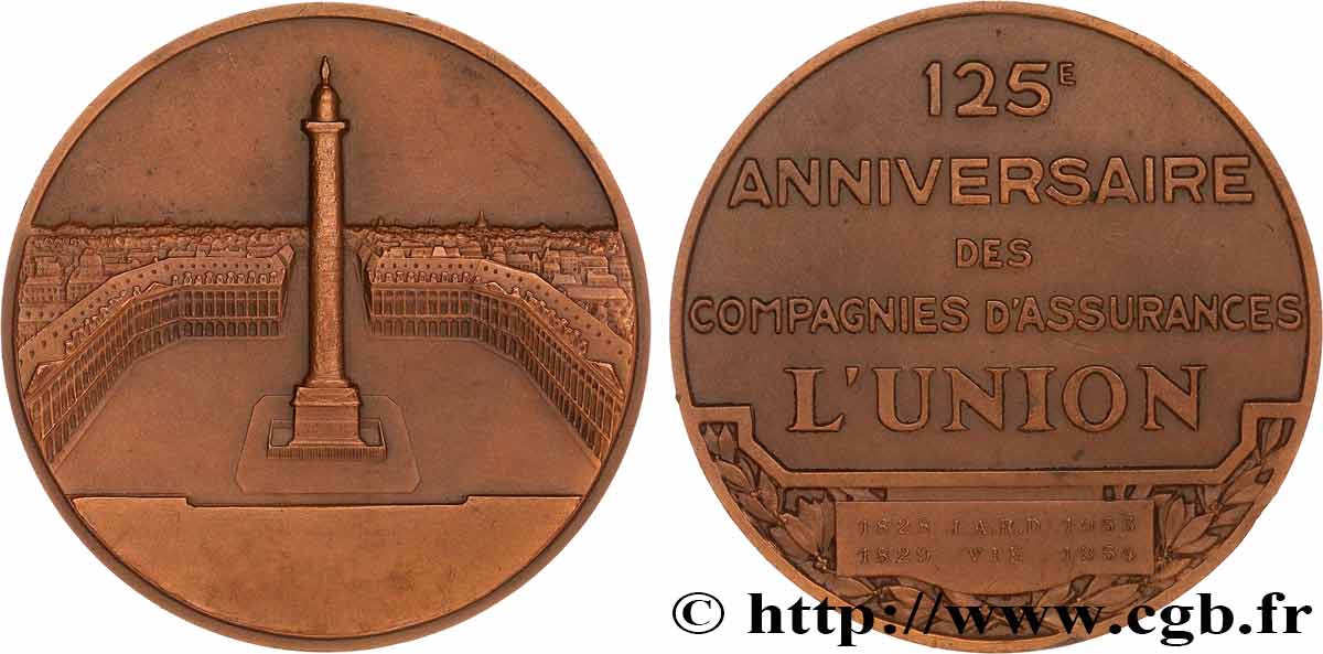 QUARTA REPUBBLICA FRANCESE Médaille, 125e anniversaire des compagnies d’assurances L’Union SPL