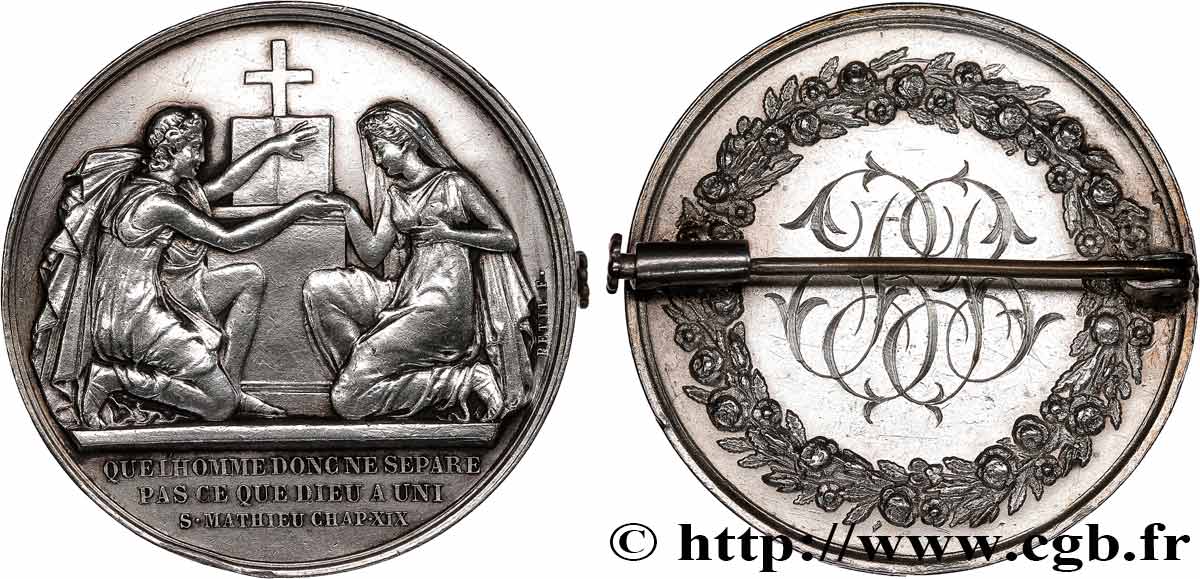 AMOUR ET MARIAGE Médaille de mariage, Evangile de St Mathieu, transformée en broche TTB