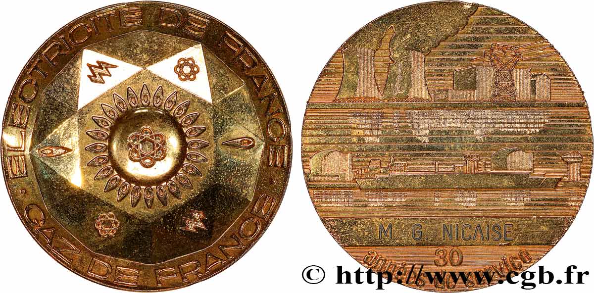 Médaille EDF/GDF 30 Ans De Service – Bronze Argenté, 55mm, 71g