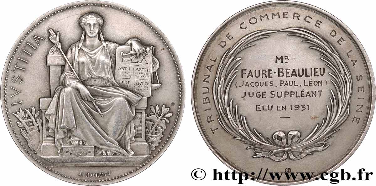 TROISIÈME RÉPUBLIQUE Médaille, Tribunal de commerce de la Seine, Juge suppléant TTB+