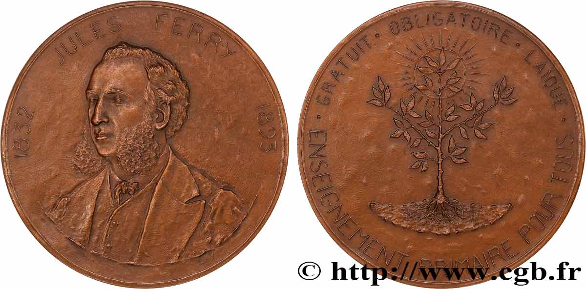 III REPUBLIC Médaille, Jules Ferry, Enseignement primaire AU